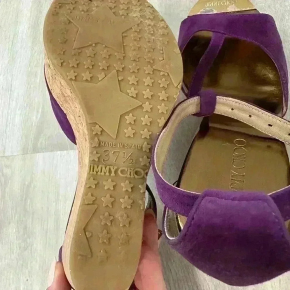 Jimmy Choo Pela Purple Suede Cork Wedges Ankle T Strap Size 37.5 - Picture 7 of 10